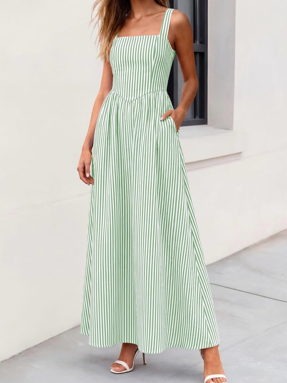 #95 PRETTYGARDEN Maxi Dress, Striped Sundress,Sleeveless Square Neck